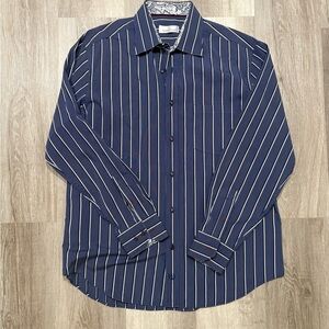Bugatchi Navy and White Striped Men's Shirt